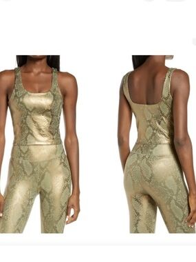 IVL Collective Metallic Snake Print Crop Workout Top Oil Khaki Green Gold 8 NWT
